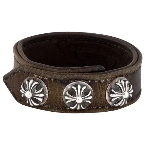 Chrome Hearts Leather Studded Wrap Bracelet Brown Silver Chrome Hearts Leather Studded Wrap Bracelet Brown Silver