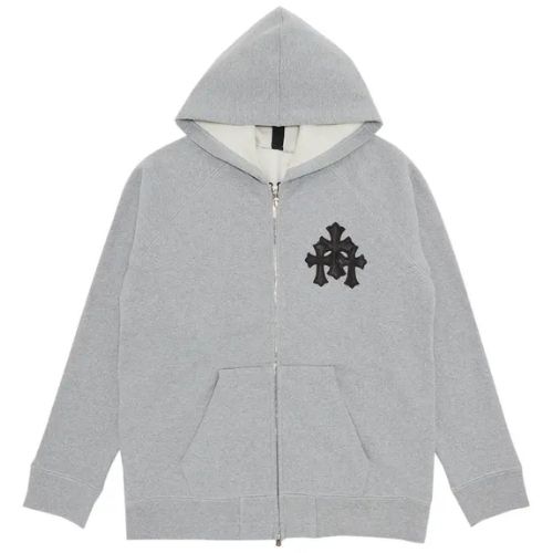 Chrome Hearts Paper Jam Triple Leather Cross Zip Up Hoodie Grey Heather