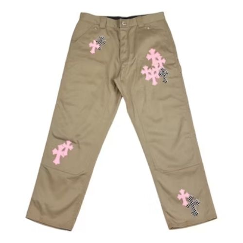 Chrome Hearts Pink & Checkered Cross Patch Carpenter Pants Tan Chrome Hearts Pink & Checkered Cross Patch Carpenter Pants Tan