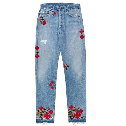 Chrome Hearts Suede Red & Leopard Cross Patch Jeans Blue Chrome Hearts Suede Red & Leopard Cross Patch Jeans Blue